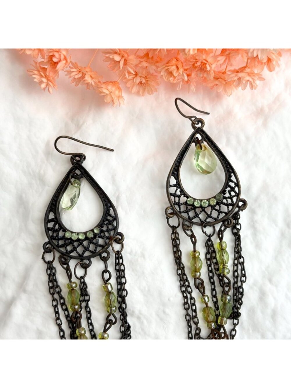 Ultra Dark Silver Toned Green Rhinestone Chandelier Vintage Dangle Earrings - Picture 6 of 13